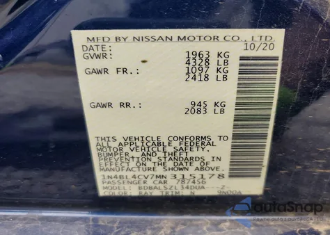 2021 Nissan Altima Sr z USA, uszkodzony, nr VIN 1N4BL4CV7MN315178